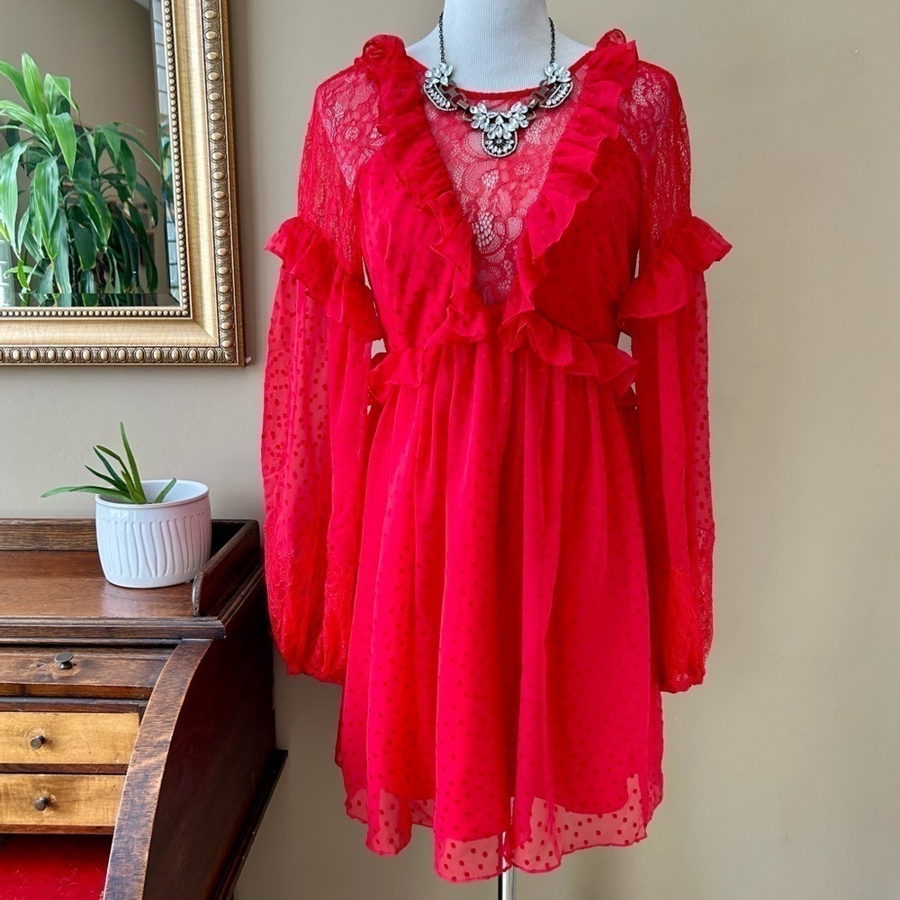 Free People Red Dottie Mini Dress Long Sleeve Ruffle Lace Open Back Size Small